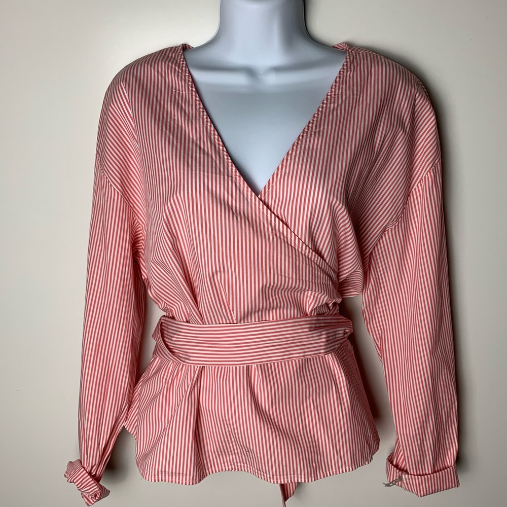 A New Day pink a.n.d. white stripe wrap shirt XL nwt wrap top